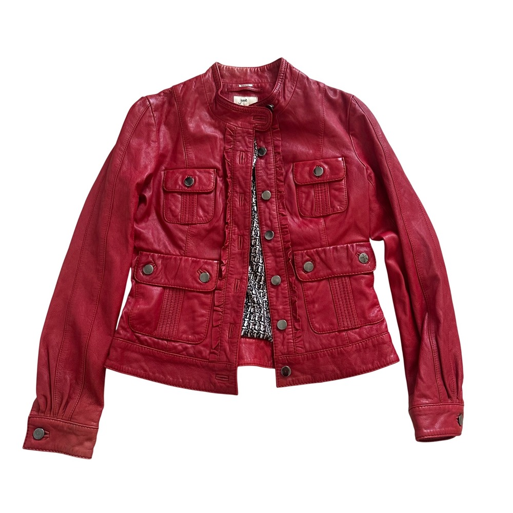 June Red Leather Jacket Silk Lined Ruffle Military Moto Small Mandarin Collar